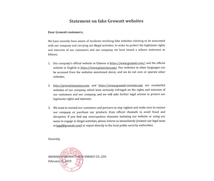 Statement on fake Growatt websites